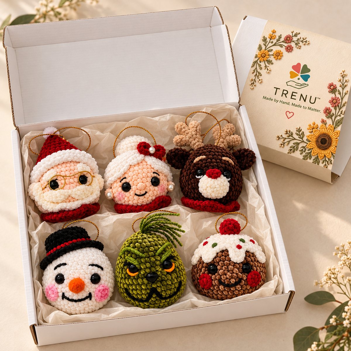 TRENU Cozy Christmas Set of 6 Handmade Crochet Ornaments