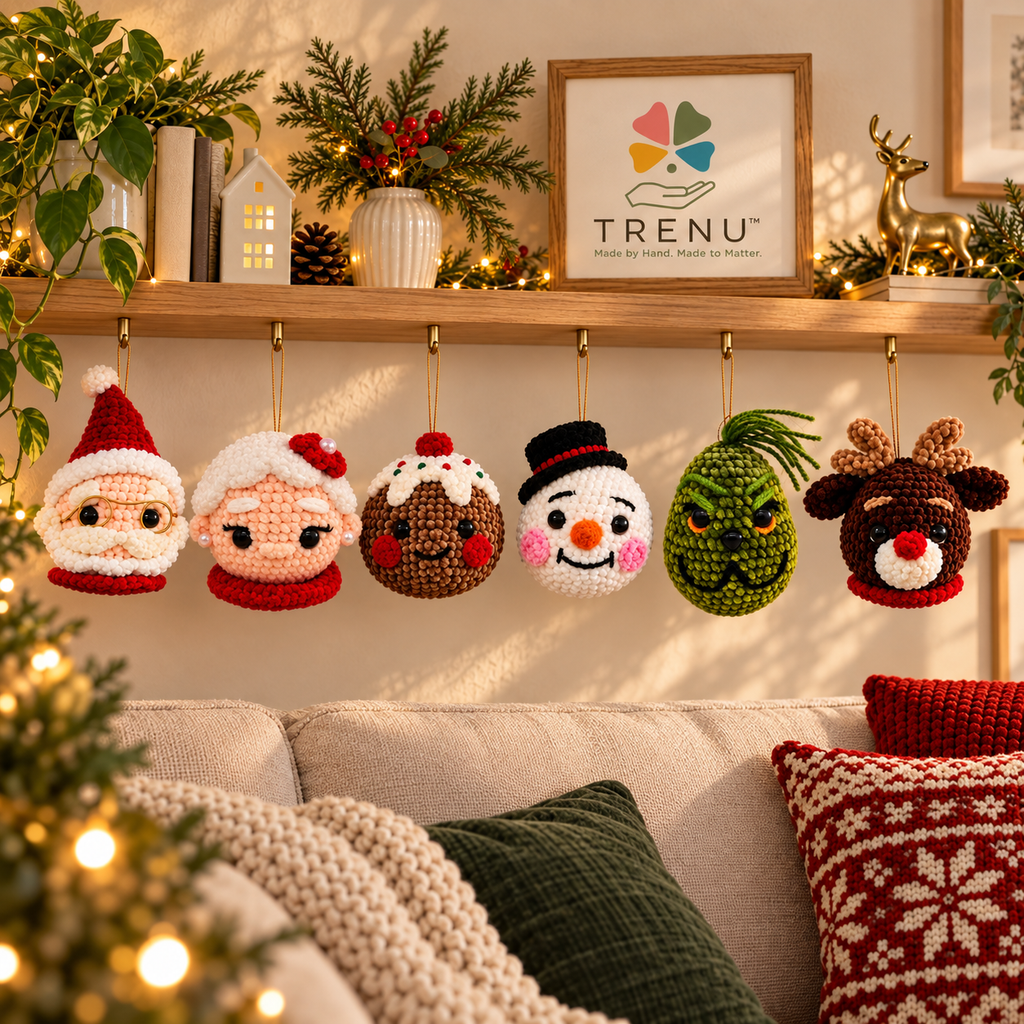TRENU Cozy Christmas Set of 6 Handmade Crochet Ornaments